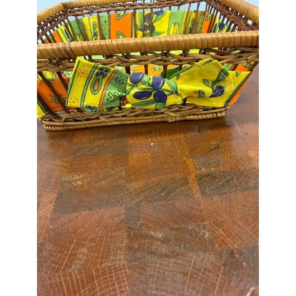 Vintage Woven Wicker Basket Lined with Colorful Fabric with Olive Motif